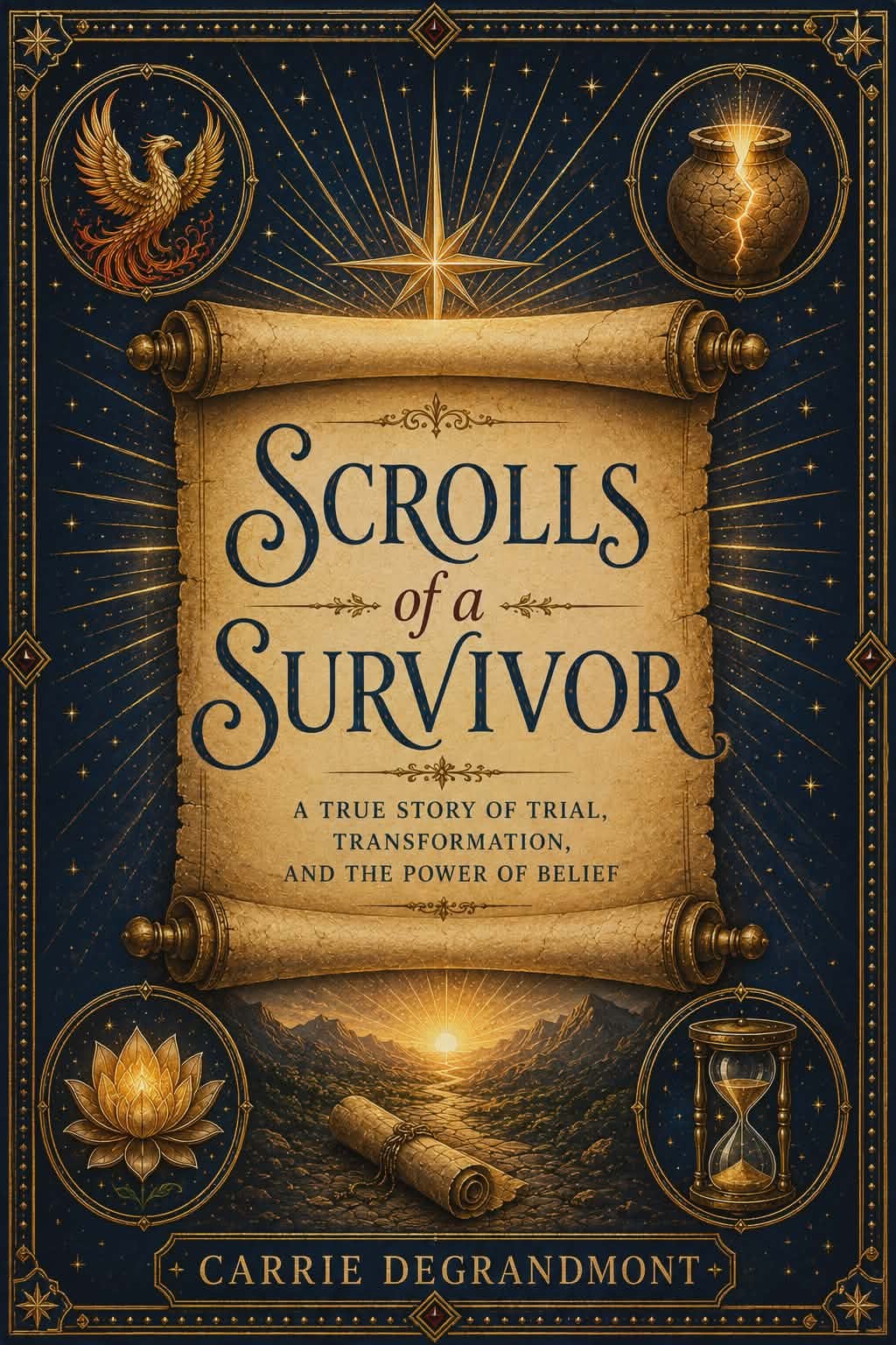 Book cover of Scrolls of a Survivor by Carrie DeGrandmont — an illustrated parchment scroll on deep navy, with antique gold phoenix, lotus, hourglass, and a cracked clay vessel; subtitle: A True Story of Trial, Transformation, and the Power of Belief